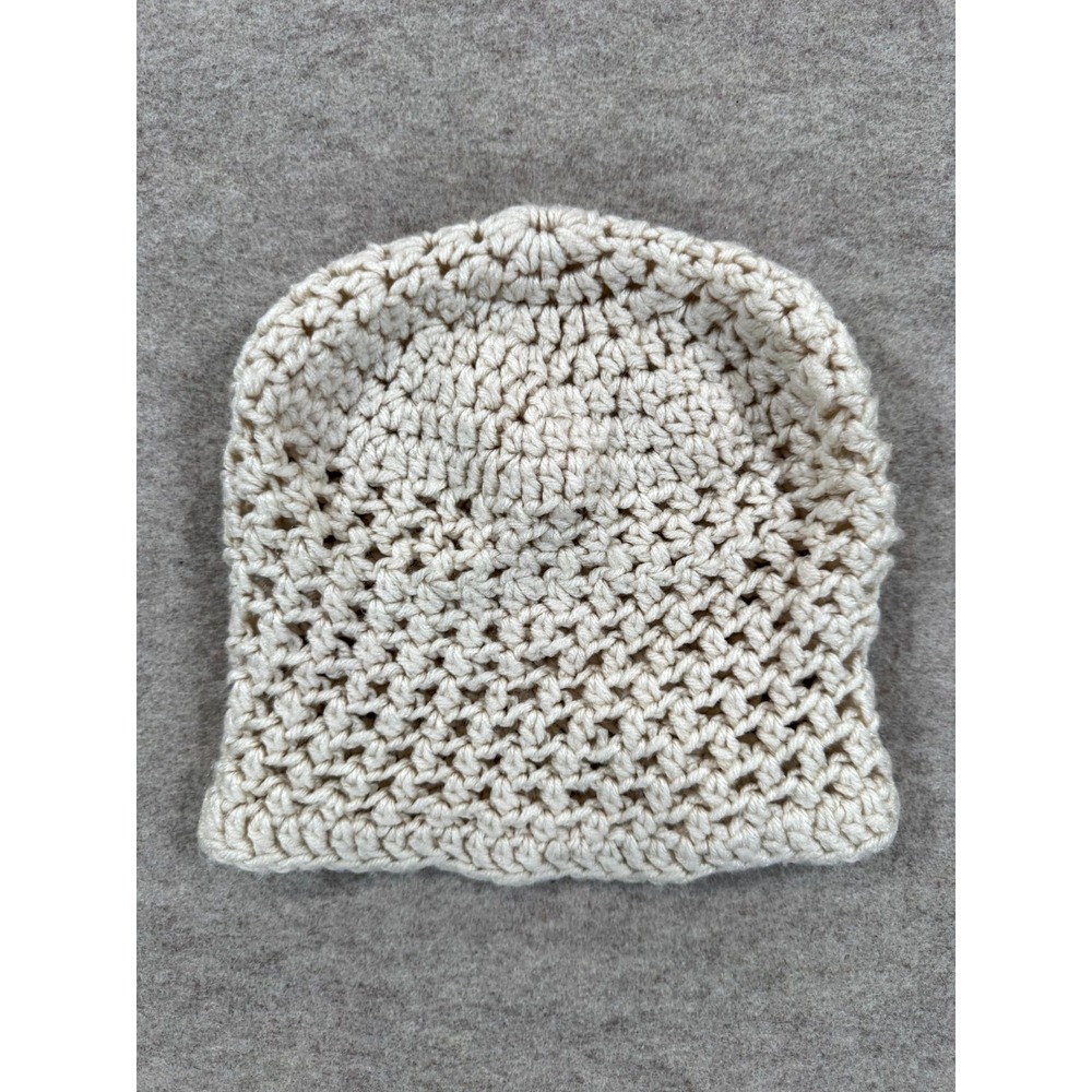 Handmade Crochet Beanie Hat Womens Cream Chain Space Mesh Winter Wear Outdoor